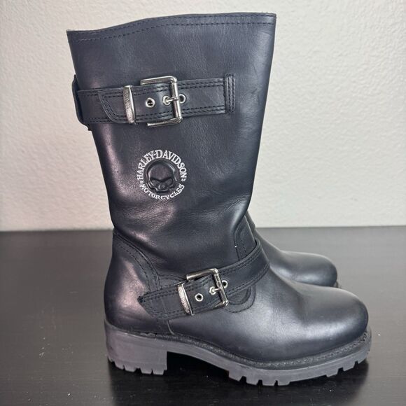 Women’s Harley Davidson Linda Boots Leather Black Motorcycle Moto 88401 Skull 6 - Picture 2 of 16